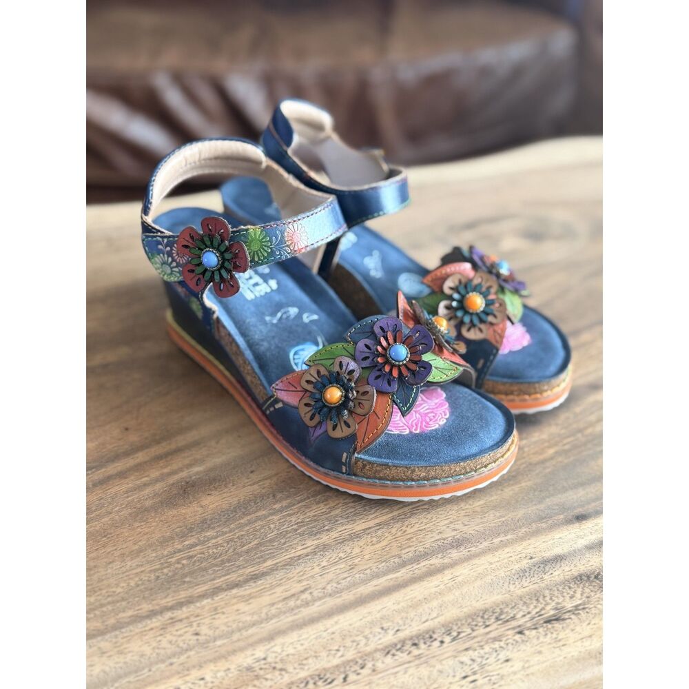 L'Artiste by Spring Step Gazebo Floral Leather Wedge Sandals
